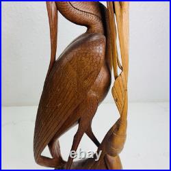 Balinese Master Carved Vintage Deco Wood Sculpture Heron Crane Catch Crawfish