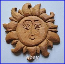 Barry Leader Hand Carved Wood Folk Art SUN Face Signed Vintage 1980s Carving