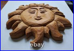 Barry Leader Hand Carved Wood Folk Art SUN Face Signed Vintage 1980s Carving