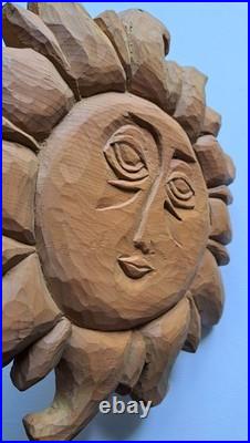 Barry Leader Hand Carved Wood Folk Art SUN Face Signed Vintage 1980s Carving