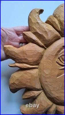 Barry Leader Hand Carved Wood Folk Art SUN Face Signed Vintage 1980s Carving