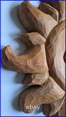 Barry Leader Hand Carved Wood Folk Art SUN Face Signed Vintage 1980s Carving