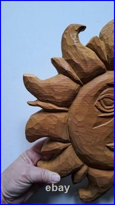 Barry Leader Hand Carved Wood Folk Art SUN Face Signed Vintage 1980s Carving