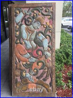 Beautiful Krishna Carved Vintage Wood Wall Sculpture Indian Yoga Door Barn Door