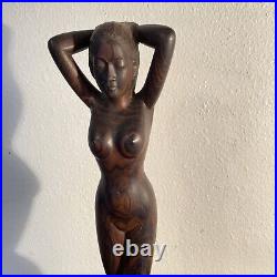 Beautiful Vintage Wood Carved Bali Nude Woman Statue Art Sculpture 17.25 Tall