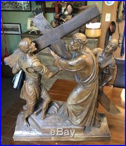 Best Antique Vintage Stations of the Cross Jesus Hand-Carved Wood Sculpture, 28