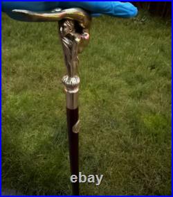 Bronze Lady Sculpture Walking Stick Cane Wood Design Handle Rare Woman Signed