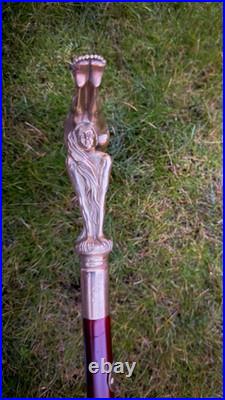Bronze Lady Sculpture Walking Stick Cane Wood Design Handle Rare Woman Signed