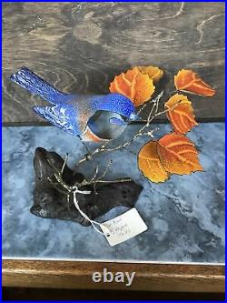 Brumm Blue Bird Enamel Copper Oak Leaf Tree Burl Wood Base Sculpture Vtg Signed