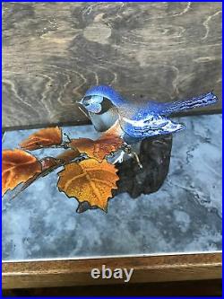 Brumm Blue Bird Enamel Copper Oak Leaf Tree Burl Wood Base Sculpture Vtg Signed