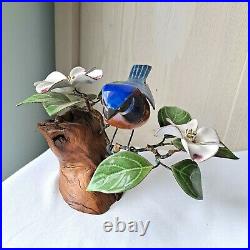 Brumm Blue Bird Enamel on Copper Dog Wood Flowers Burl Wood Base Sculpture Vtg