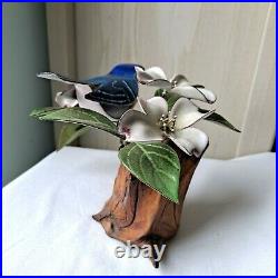 Brumm Blue Bird Enamel on Copper Dog Wood Flowers Burl Wood Base Sculpture Vtg