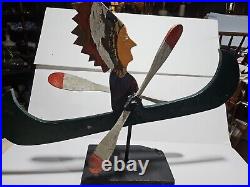 CARVED FOLK ART INDIAN IN CANOE WHIRLIGIG W Stand 22x17 Vtg Original Paint