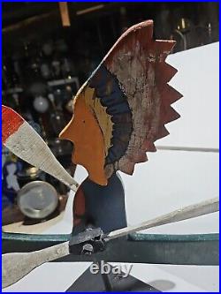 CARVED FOLK ART INDIAN IN CANOE WHIRLIGIG W Stand 22x17 Vtg Original Paint