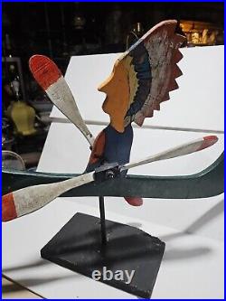 CARVED FOLK ART INDIAN IN CANOE WHIRLIGIG W Stand 22x17 Vtg Original Paint