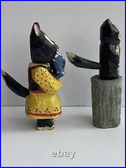 CAW Roberts VTG Folk Lot Black Cat Kitty Carved Wood Painting Whistle Sculpture