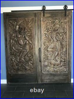 CUSTOM DOORS Indian Carving Door Panel Vintage Hand Carved Wood Sculpture 72x36