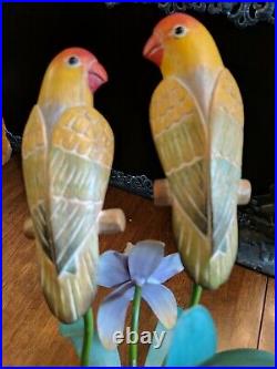 Carved Lovebirds Metal Iris Sculpture Table Art Beautiful Wood Birds Vintage