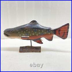 Carved Wood Trout Fish Sculpture 11 1/2 Long 6 1/4 Tall Brown Green Vintage