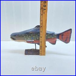 Carved Wood Trout Fish Sculpture 11 1/2 Long 6 1/4 Tall Brown Green Vintage