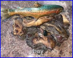 Carving Wood Mounted Rainbow Trout Fish Sculpture Terry Schulz Vintage Original