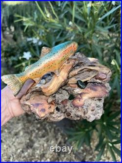 Carving Wood Mounted Rainbow Trout Fish Sculpture Terry Schulz Vintage Original