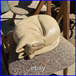 Cat Hand Carved Curled Sleeping Cat Wood Folk Art Large Vintage 1970s-1980s Prod