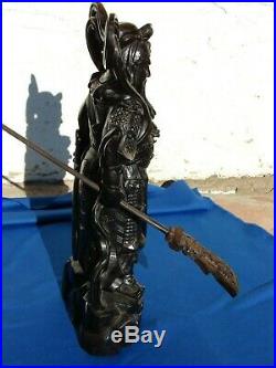 Chinese Guan Yu Warrior God Guangong Statue Carved Ebony WOOD Sculpture VTG
