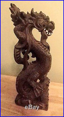 Chinese wood hand carved dragon vintage 16 tall collectable sculpture home deco