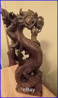 Chinese wood hand carved dragon vintage 16 tall collectable sculpture home deco