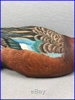 Cinnamon Teal Hand Carved Wood Carving Vintage Duck Decoy Helen Burns (14)