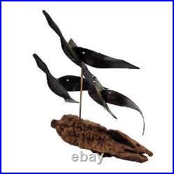 Curtis Jere Metal Table Sculpture Flying Geese Burl Wood Base 11x11 MCM Vintage