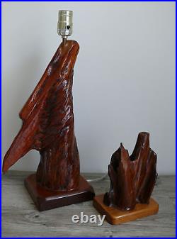 Cypress Wood Table Lamp & Sculpture Angel Wing 1960s Vintage Rewired Signed