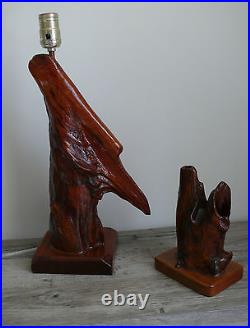 Cypress Wood Table Lamp & Sculpture Angel Wing 1960s Vintage Rewired Signed