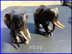 Ebony Wood Elephant Carving Hand Vintage Carved Figurine Art Sculpture Pair