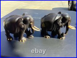 Ebony Wood Elephant Carving Hand Vintage Carved Figurine Art Sculpture Pair