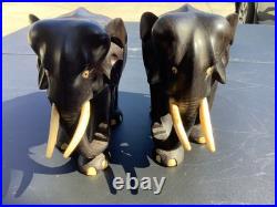 Ebony Wood Elephant Carving Hand Vintage Carved Figurine Art Sculpture Pair