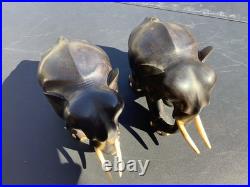 Ebony Wood Elephant Carving Hand Vintage Carved Figurine Art Sculpture Pair