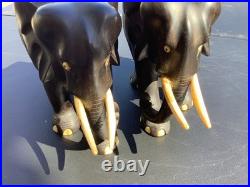 Ebony Wood Elephant Carving Hand Vintage Carved Figurine Art Sculpture Pair