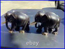 Ebony Wood Elephant Carving Hand Vintage Carved Figurine Art Sculpture Pair