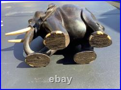 Ebony Wood Elephant Carving Hand Vintage Carved Figurine Art Sculpture Pair