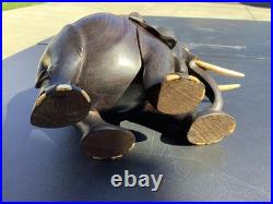 Ebony Wood Elephant Carving Hand Vintage Carved Figurine Art Sculpture Pair