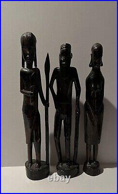 Ebony Wood Hand Carved Family Tribe Warriors Art Sculpture 14.5 Vintage African