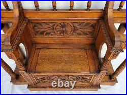 English North Wind Carved Oak Hall Seat / Hall Tree Mirror Hooks & Storage Bench
