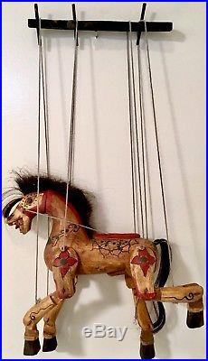 Exquisite Vintage Art Sculpture Marionette Puppet Hand Carved Painted Wood Horse