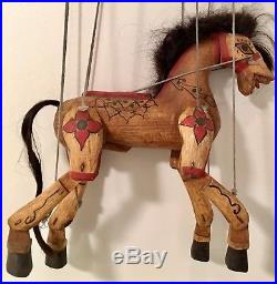 Exquisite Vintage Art Sculpture Marionette Puppet Hand Carved Painted Wood Horse