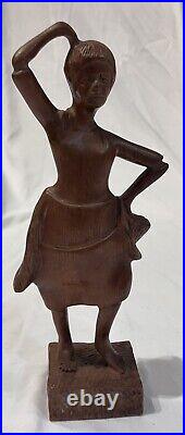 F. Simeon vintage Signed Haitian Wood Sculpture Woman in Dress