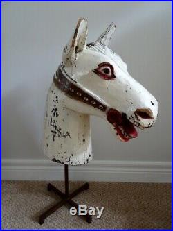 FOLK ART Carousel HORSE HEAD SCULPTURE carved wood VINTAGE ANTIQUE 24 on stand