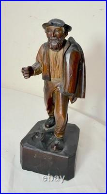 Finely carved antique 19th century German man hobo bum wood sculpture statue