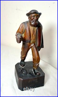 Finely carved antique 19th century German man hobo bum wood sculpture statue